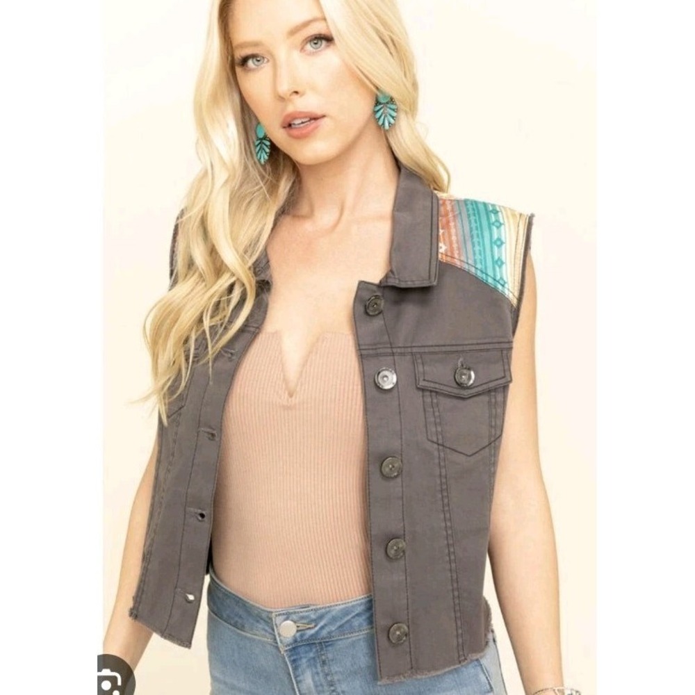 Ariat Cut Off Sleeve Vest‎ Raw Hem Aztec Crop Shirt Western Rodeo Boho Womans XL